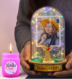 Kişiye Özel Renkli Led Işıklı Şans Melekli Fanus ve Kokulu Mum