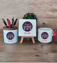Love Your Self Hediye Sepeti Kupa Bardak T Kulplu, Kalemlik ve Dekoratif Taş Arkadaşa Hediye, Anneye Hediye (Model 1)