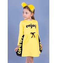Toontoy Kız Çocuk Taş İşlemeli Enjoy Baskılı Elbise (Sarı)