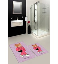 EVDEYA Dijital Baskılı Yıkanabilir Ayıcık Desenli İkili Banyo Halısı Paspas Klozet Takımı, KLOZET-34-GRİ, (Pembe)