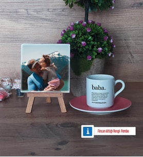 Babaya Hediye Fotoğraflı Dekoratif Taş, Ahşap Altlıklı Türk Kahvesi Fincanı Hediye (Model 6)