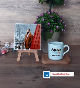 Maden Mühendisi Fotoğraflı Dekoratif Taş, Ahşap Altlıklı Türk Kahvesi Fincanı Hediye (Model 1)