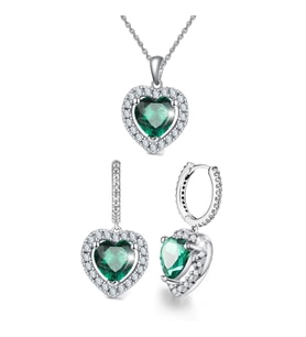 Yantra Silver 925 Ayar Gümüş Kalpli Zirkon Taşlı Sallantılı Kolye ve Küpe Seti (Yeşil)