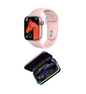 Watch 7 Akıllı Saat ve E10 Mipods LED Işıklı Bluetooth Kulaklık (Pembe)