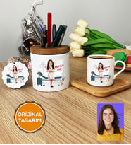 Kişiye Özel Karikatürlü Hemşire Hediye Seti Türk Kahvesi Fincanı, Kalemlik, Anahtarlık Kadın Hemşireye Tıp Bayramı Hediyesi (Ahşap)