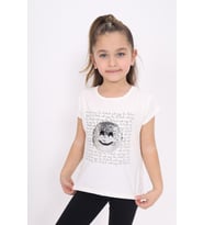 Toontoy Kız Çocuk Gülen Yüz Pullu Nakış Tişört (Ekru)