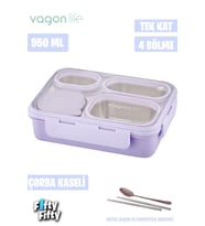 Vagonlife Lunch Box 950 ML Paslanmaz Çelik Tek Kat Dört Bölmeli Çorba Kaseli Metal Kaşıklı-FFLBOX7099 (Mor)