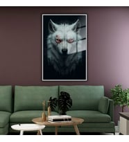 Metal Çerçeveli Temperli Cam Tablo Kırmızı Gözlü Kurt Portresi (Gümüş)
