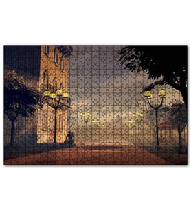 Cakapuzzle Sokak Lambaları Bulutlar ve Şapkalı Adam  Puzzle Yapboz MDF (Ahşap) (500 Parça)