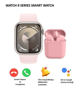 Watch 9 Series Akıllı Saat + Inpods i12 Bluetooth Kulaklık (Pembe)