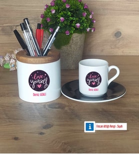 Love Yourself Hediyeleri Türk Kahvesi Fincanı Kırmızı, Kalemlik Kişiye Özel Hediye (Model 5)
