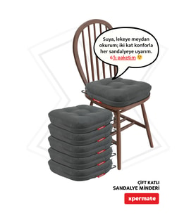 XPERMATE 6'lı Çift Kat Sandalye Minderi Fermuarlı Yıkanabilir Kılıf Bağcıklı Su ve Yağ İtici 42x42x8 cm (Antrasit)
