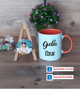 Gelin Kupa Bardak Beyaz ve Fotoğraflı Ahşap Anahtarlık Hediye (Model 13)