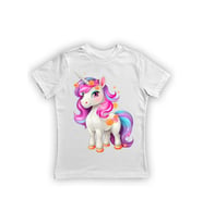 Unicorn baskılı pamuklu penye kumaş yazlık çocuk tişört (Beyaz)