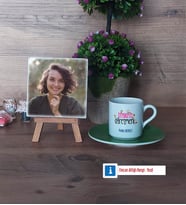 İngilizce Öğretmeni Fotoğraflı Dekoratif Taş, Ahşap Altlıklı Türk Kahvesi Fincanı Hediye (Model 9)