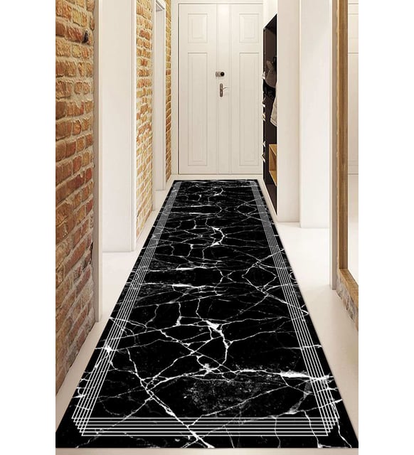 Dijital Baskılı Kaymaz Taban Yıkanabilir Modern Yolluk Ve Koridor Halısı NDU-SD-1089 (Siyah)
