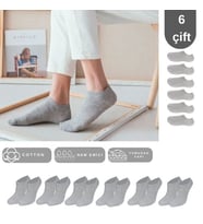 Unisex Düz Desen (6 ÇİFT) Pamuklu Beden Mevsimlik Terletmez Görünmez Çorap (Gri)