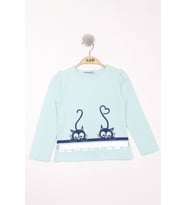 Toontoy Kız Çocuk Kedi Baskılı T-Shirt  (Mint Yeşili)