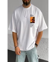 Erkek Beach Baskılı Oversize Tshirt (Beyaz)