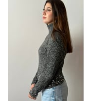 KADIN BALIKÇI YAKA PUL PAYETLİ TRİKO KAZAK (Siyah)
