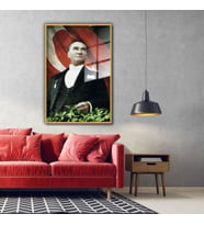 Metal Çerçeveli Cam Tablo Türk Bayraklı Atatürk Portresi (Gold)