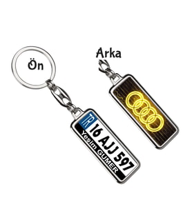 Kişiye Özel Plaka Metal Anahtarlık   Audi Neon Sarı Logo (Gümüş)