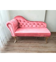 Dekoratif Bihter Koltuk Josefin Puf 130 cm Gold Ayak (Pembe)