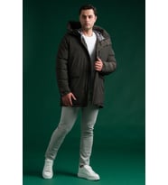 Slimfit Kapşonlu Çıtçıt Ve Fermuar Yan Fermuar Cepli Elyaf Dolgulu Astarlı Erkek Uzun Spor Mont (Yeşil)