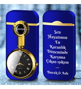 Kişiye Özel İsim ve Söz Baskılı Metal Rüzgar Geçirmez Saatli Gazlı Çakmak 3 Çeşit Renk (Mavi)