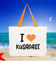 BK Gift I Love Kuşadası Renkli Kulp Kanvas Plaj Çantası 48x40m, Baskılı Omuz Çantası, Alışveriş Çantası (Turuncu)