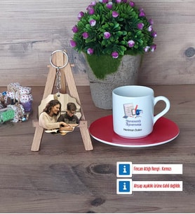Matematik Öğretmeni Türk Kahvesi Fincanı Ahşap Altlıklı ve Fotoğraflı Ahşap Anahtarlık HediyeÖğretmenler Günü Hediyesi (Model 3)