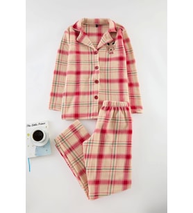 Tarz Rahat Uzun Kollu Boru Paça Nakışlı Ekoseli Polar Kışlık Örme Pijama Takımı (Kırmızı)