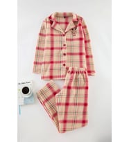 Tarz Rahat Uzun Kollu Boru Paça Nakışlı Ekoseli Polar Kışlık Örme Pijama Takımı (Kırmızı)