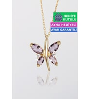 Jewelmim Mor Gümüş Kelebek Kolye Sarı Altın Kaplama Bayan Kelebekli 925 Ayar Kadın Gümüş Kelebek Kolyesi (Sarı)