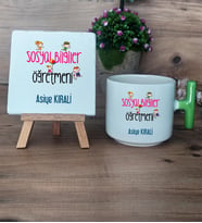 Sosyal Bilgiler Öğretmeni Hediye Seti Kupa Bardak T Kulplu ve Dekoratif Taş Öğretmenler Günü Hediyesi (Model 8)