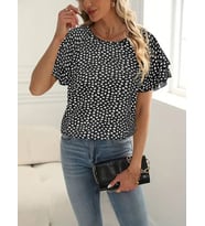 Kadın Kısa Kollu Kolları Volanlı Baskılı Süprem Bluz (Siyah)