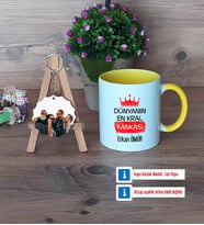 Arkadaşa Hediye Kupa Bardak Beyaz ve Fotoğraflı Ahşap Anahtarlık HediyeDoğum Günü Hediyesi (Model 7)