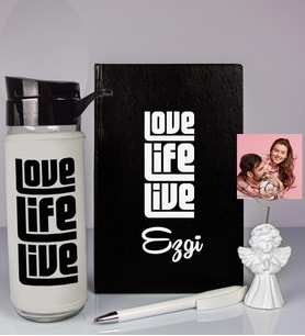 Kişiye Özel Defter Kalem Matara Ve Fotoğraflı Notluk Seti 93512 (Siyah)