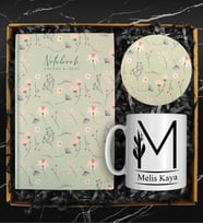 Tasarım Defter & Kişiye Özel Harf Kupa & Tasarım Bardak Altlığı Hediye Seti (Siyah)