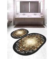 Dijital Baskılı Kaymaz Taban Yıkanabilir Oval 2'li Klozet Takımı Banyo Paspası NOKZ-SD-382 (Kahverengi)