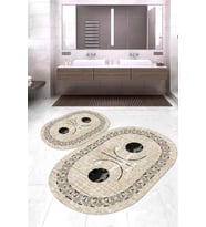Dijital Baskılı Kaymaz Taban Yıkanabilir Oval 2'li Klozet Takımı Banyo Paspası NOKZ-SD-1067 (Bej)