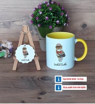 Baykuş Kupa Bardak Kırmızı ve Ahşap Anahtarlık Hediye (Model 6)