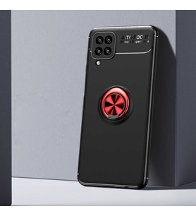 Samsung Galaxy A12 Kılıf Mıknatıslı Yüzüklü Standlı Yumuşak Silikon Kapak Ravel (Siyah-Kırmızı)