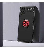 Samsung Galaxy A12 Kılıf Mıknatıslı Yüzüklü Standlı Yumuşak Silikon Kapak Ravel (Siyah-Kırmızı)