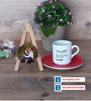 Sevgiliye Hediye Türk Kahvesi Fincanı Ahşap Altlıklı ve Fotoğraflı Ahşap Anahtarlık Hediye (Model 3)