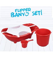 Flipper Bebek Banyo Küvet Seti - Bebek Banyo Küveti - 5 Parça - Sünger ve File Hediyeli (Kırmızı)