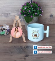 Baykuş Kupa Bardak Beyaz ve Fotoğraflı Ahşap Anahtarlık Hediye (Model 12)
