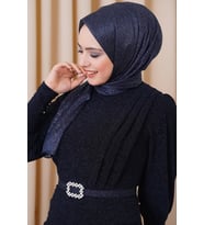Simli Lacivert Gümüş Simli Abiye Şal (Mandalina)