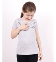 Toontoy Kız Çocuk Yaka Biyeli Taşlı Tişört ( Gri-Melanj)