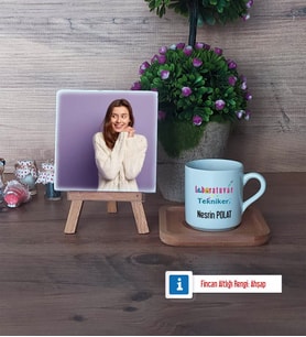 Laboratuvar Teknikeri Fotoğraflı Dekoratif Taş, Ahşap Altlıklı Türk Kahvesi Fincanı Hediye (Model 1)